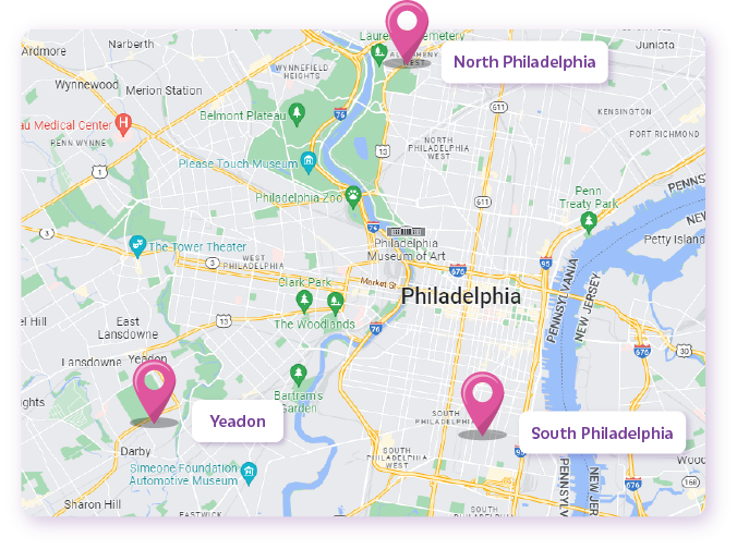 map of Discovery Place 3 locations in North Philadelphia, South Philadelphia, and Yeadon, PA